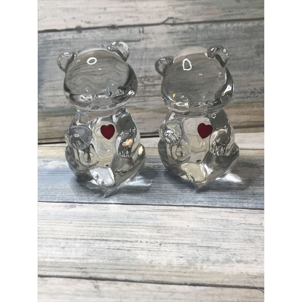 Fenton Art Glass Birthday Bear July Red Heart Paperweight 3.5" set of 2